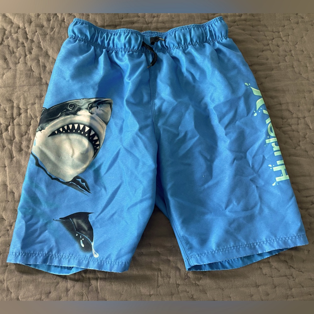 Hurley Light Blue Shark Swim Trunks Drawstring Size 7/8 Built in Brief Liner